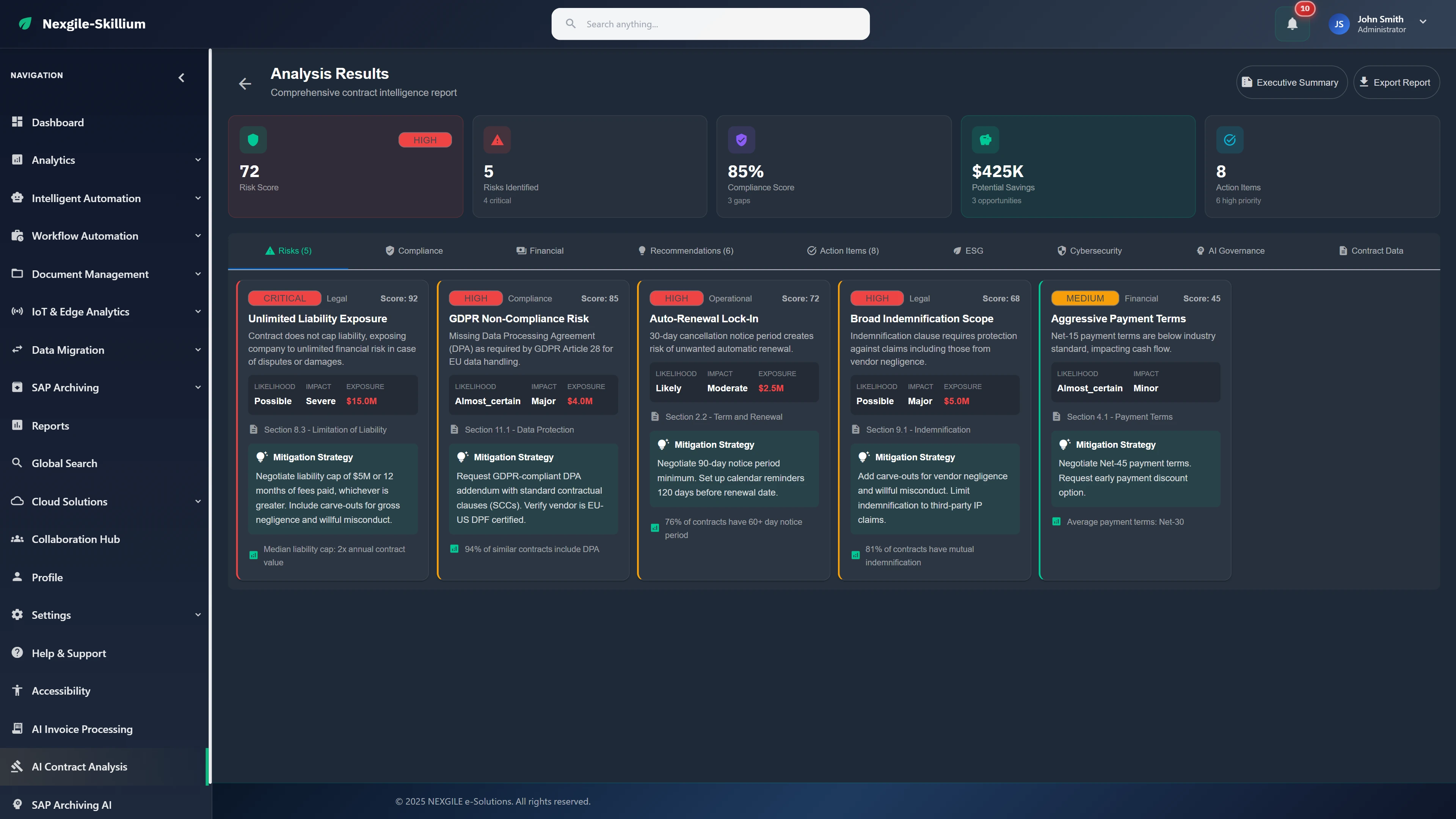 Illustrative preview (sample data, not verified outcomes): Risk Analysis Results - Comprehensive risk dashboard with severity scores, compliance gaps, potential savings, and mitigation strategies